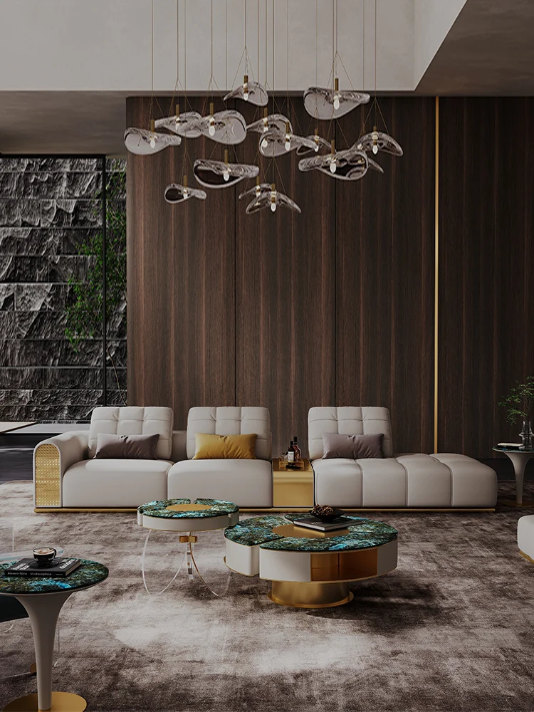 

Italian minimalist leather sofa combination modern high-end straight row three person light luxury sofa