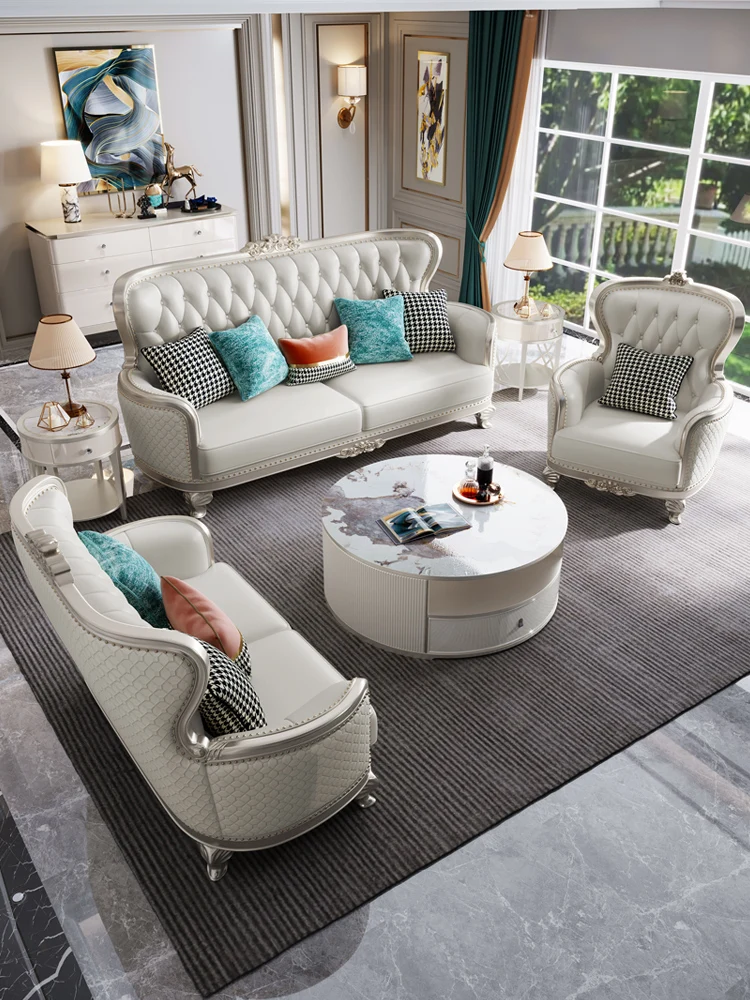 

Italian leather sofa combination high quality light luxury American solid wood high-grade simple European furniture set