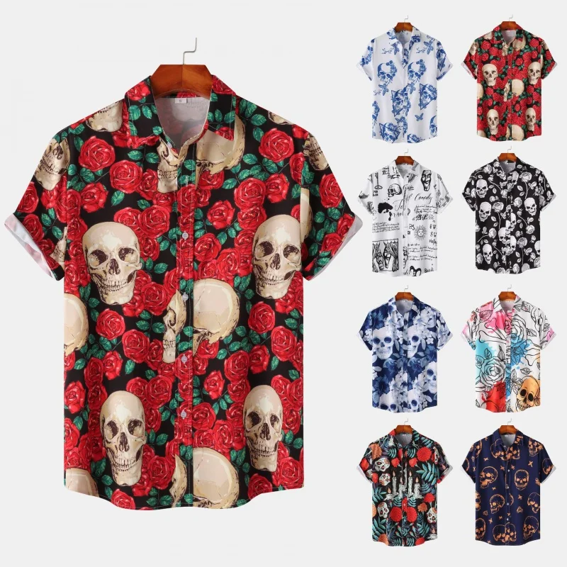 SZYL-2024New Halloween Men's Casual Printed Short Sleeves Shirt Beach Shirt Men