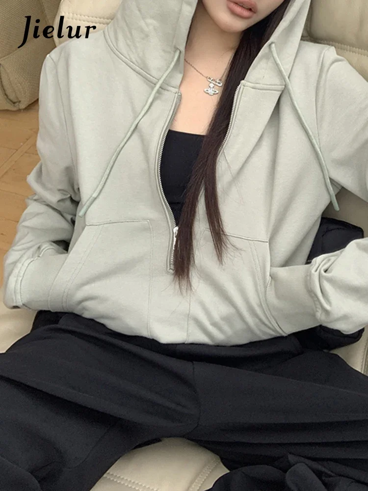 Jielur Winter American Hooded Loose Green Female Sweatshirts New Loose Zipper Casual Sexy Fashion Women's Hoodies Office Lady