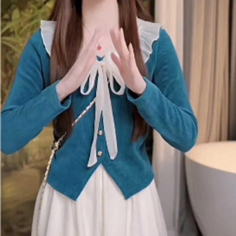 2024 Spring Autumn New Blouses Fashionable Cute Spliced Button Ruffles Bow Slim Long Sleeve Sweet Women's Clothing Shirts Tops