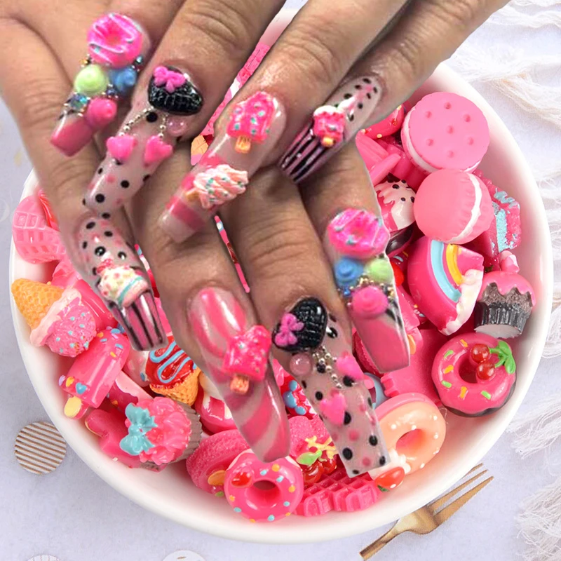 Kawaii 20pcs Nail Charms Kawaii Pink Cartoon Donut Ice Cream Bear