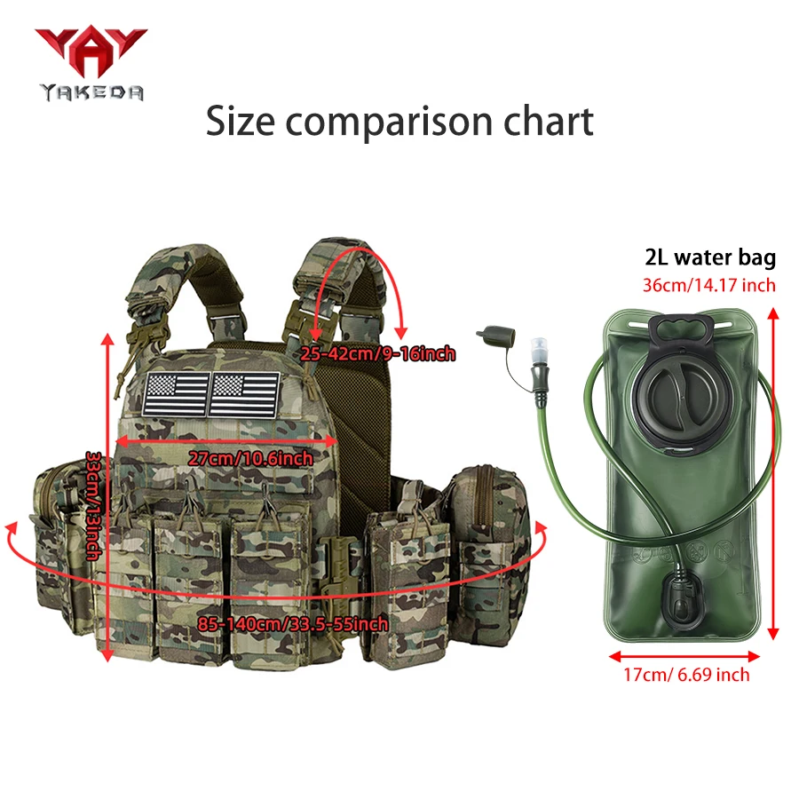 야케다 MOLLE 시스템 아웃도어 내마모성 조끼, 2L 식품 등급 물주머니가 있는 등받이 물주머니 수납공간