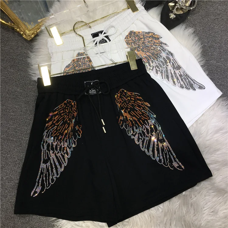 Luxury Hot Drilling Women Shorts Four Seasons Wear All-match Elastic Waist Wings Sweatpants All-match Wide Leg Short Pants