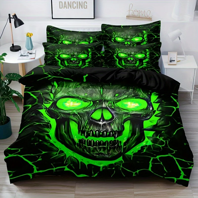 Soft and Comfortable Green Light Skull Pattern Quilt Cover Set - Decorative Bedding Set for Bedroom, Guest Room and Dormitory