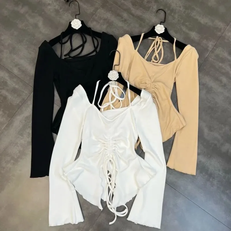 

Sexy solid hollow out top long sleeve v-neck t-shirt woman 2022 casual Autumn Spring top