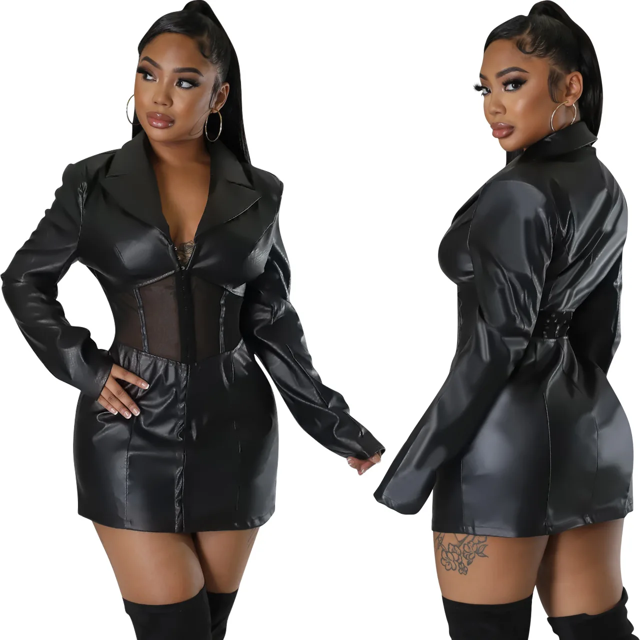 

Two Piece Set Corset + Dress Solid Color Party Night Clubwear Tracksuit Clothes For Women Outfit Casaul Women Pu Leather Dress