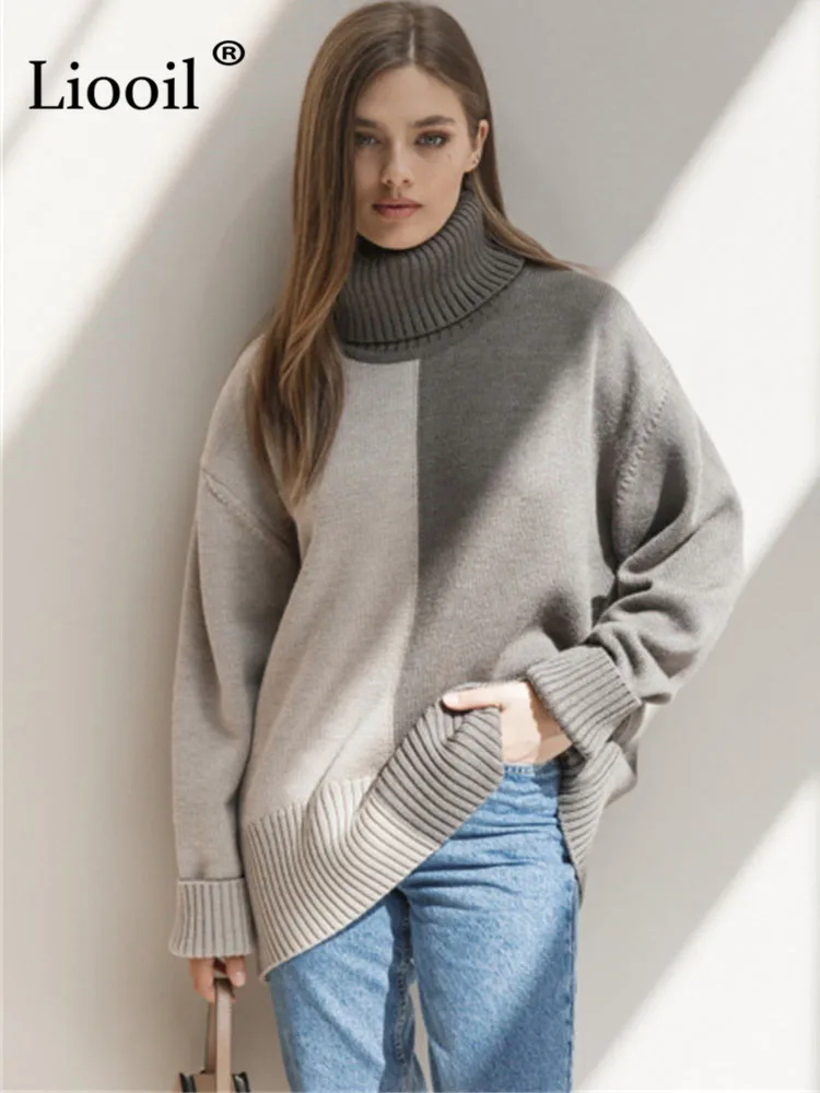 Color Block Knit Turtleneck Sweater Women Pullovers Long Sleeve Knitted Jumper Tops 2022 Autumn Winter Streetwear Baggy Sweaters