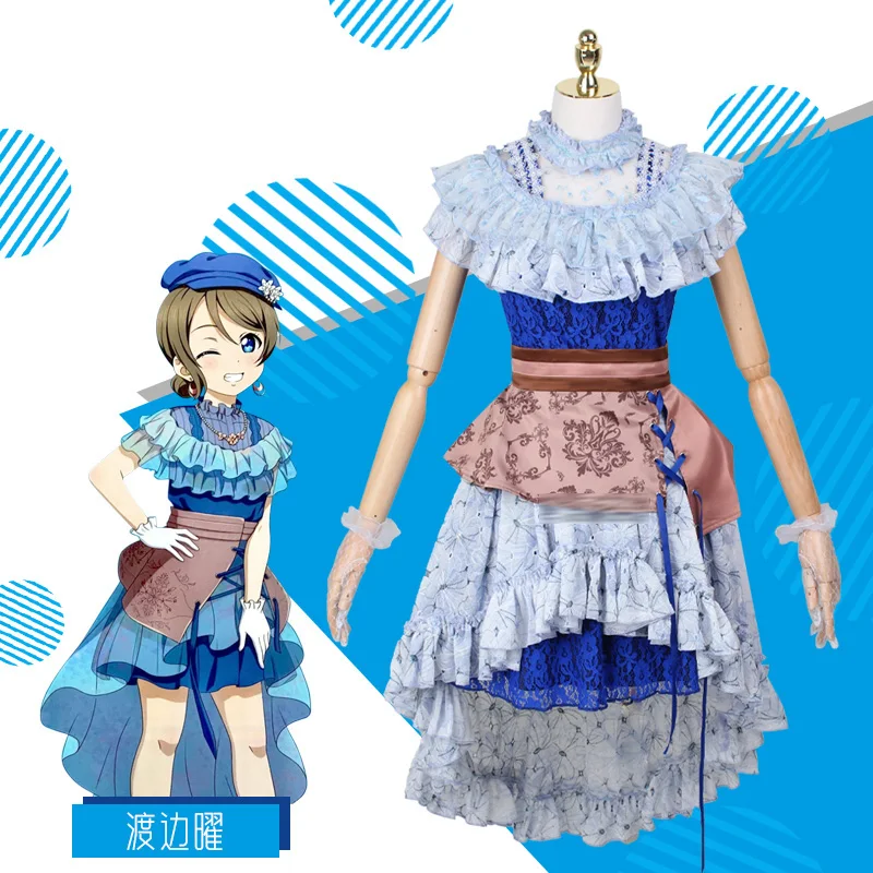 

Аниме Lovelive Aqours, персонажи Ватанабе, косплей, чиарон! Revolution Wake Up Kingdom свадебное платье с синим принтом, сценический костюм