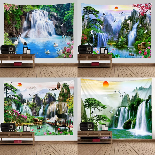 Tapisserie de paysage naturel, décoration esthétique pour salle, cascade de montagne, oiseau, coucher de soleil, fleur, décoration murale suspendue pour la maison 2