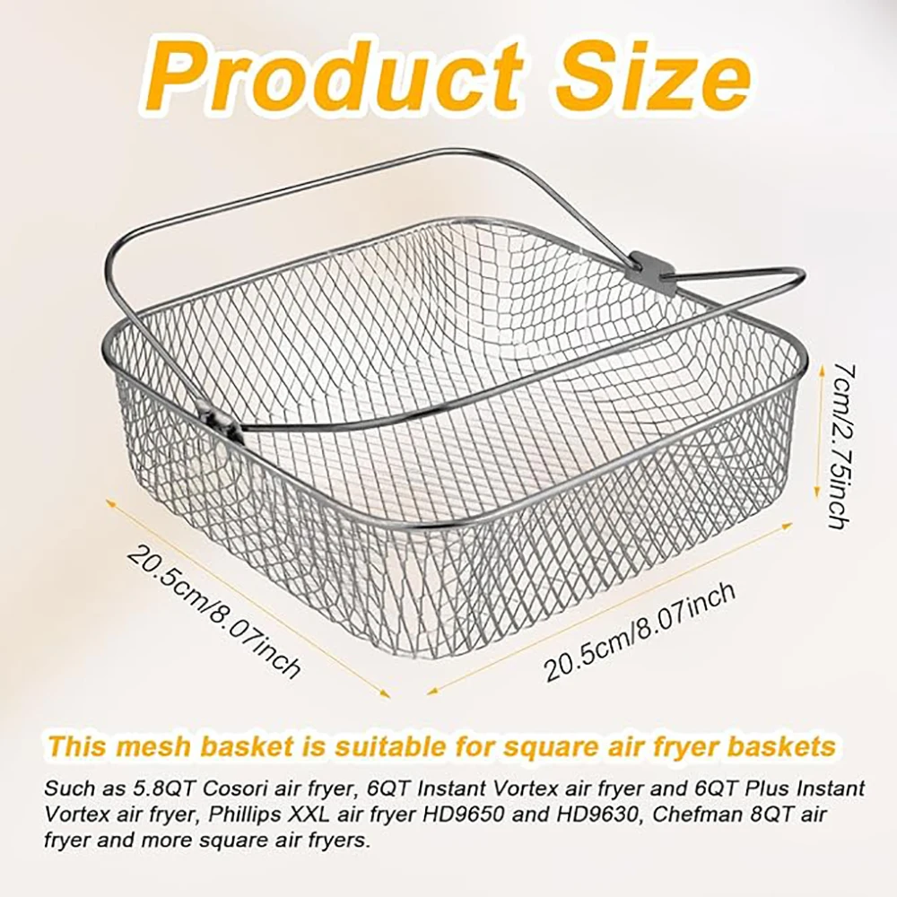 Steamer Rack Air Fryer Rack Steamer Basket 8 Inch Air Fryer Basket Stainless Steel Square Air Fryer Pan Wire Mesh Steamer Rack with Handles