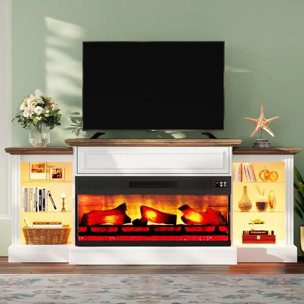 70" Electric Fireplace with Mantel, 3-Sided Fireplace TV Stand, Entertainment Center with Adjustable Shelves & LED Light 6