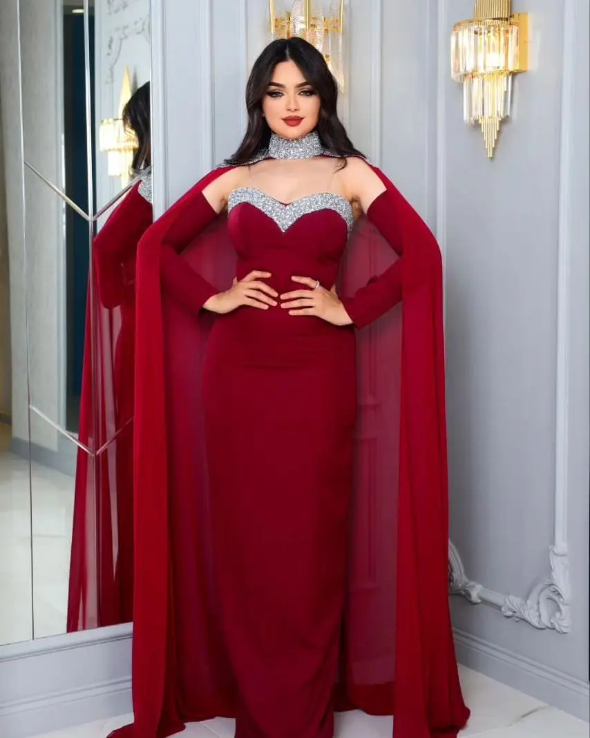 

Luxury Evening Dresses 2023 With Cape Beads Spaghetti Straps Chiffon Long Sleeves Formal Dresses Middle East Party Gown