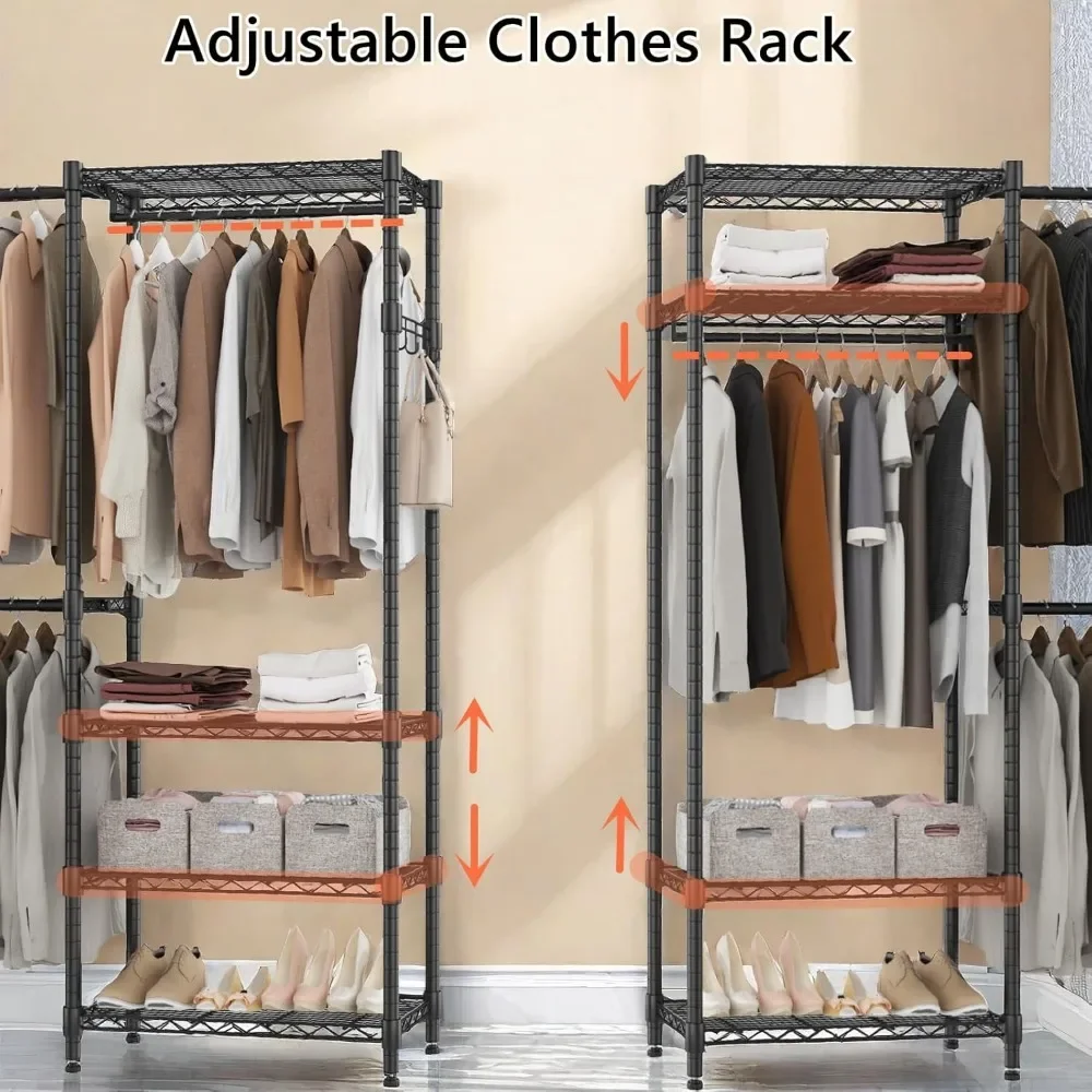 New2025-Adjustable Heavy Duty Wardrobe Closet Organizer - Expandable Metal Clothing Rack with 4 Hanging Rods, 6 Shelves, and 4 H