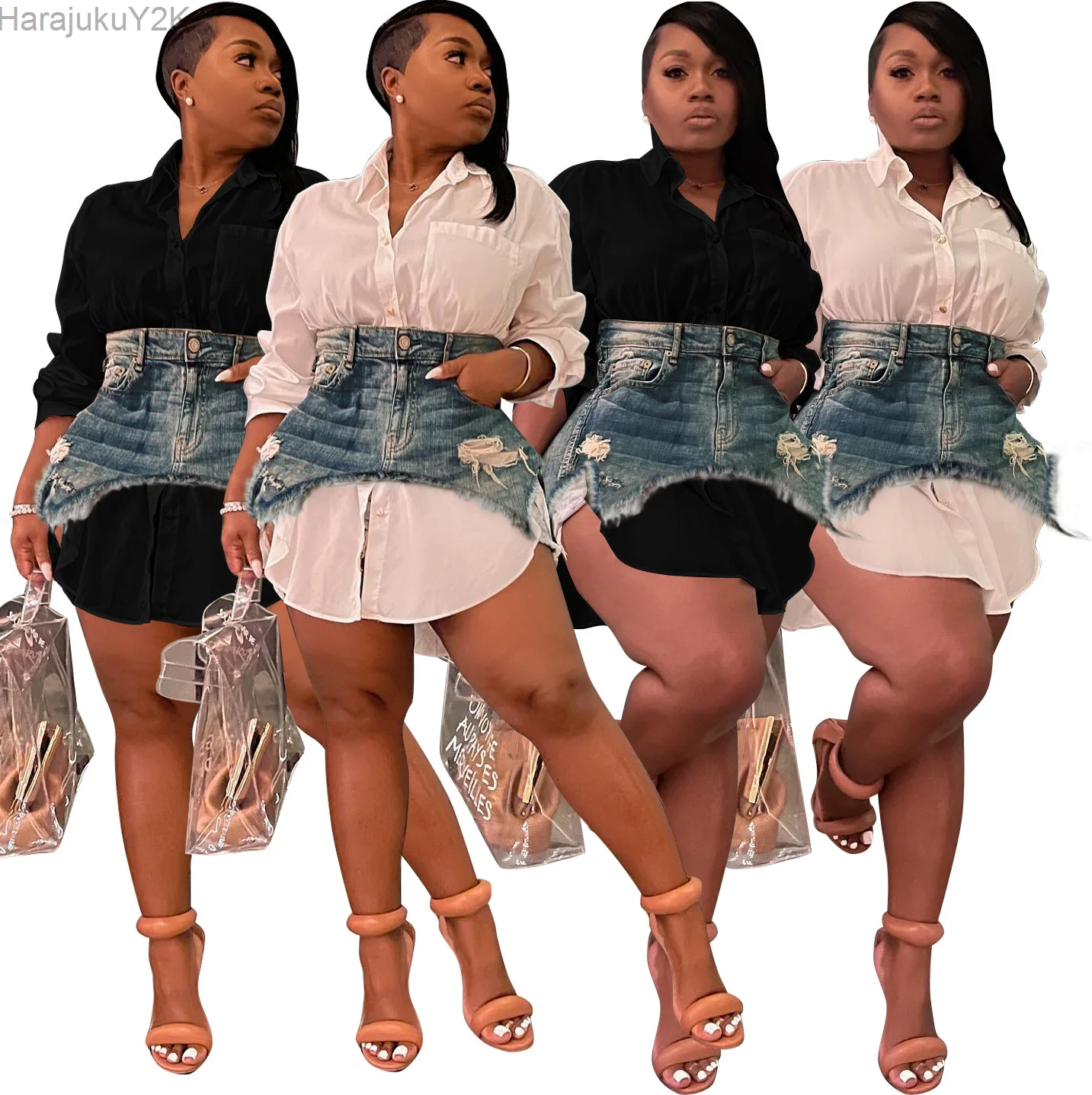 

Vintage Women Long Sleeve Turn-down Collar Shirt Blouse Style Dress with Denim Jean Irregular Mini Skirt Two 2 Piece Set