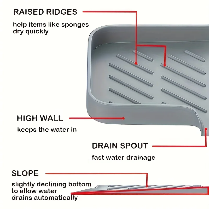 Silicone Kitchen Sink Tray Soap Dish Holder with Drain Tip Countertop Sink Scrubber Drain Pad for Sponge Kitchen Bathroom Tools 4