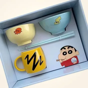 Set di Stoviglie in Ceramica Crayon Shinchan 4 Pezzi: Ciotola, Tazza, Bacchette, Confezione Regalo con Motivi Anime di Polpo e Fantasma