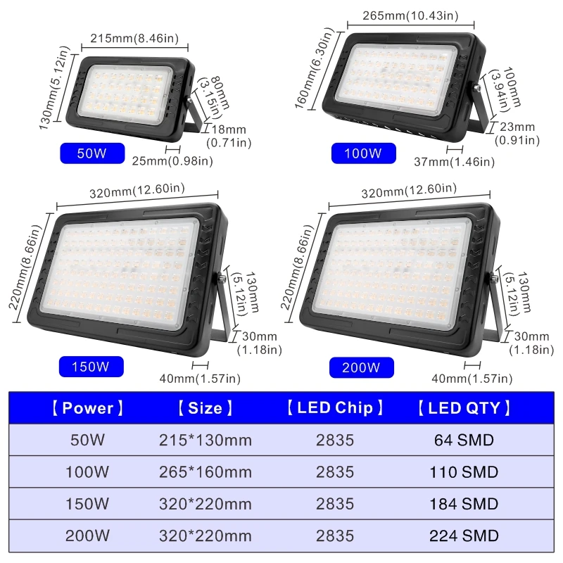 Focos LED 홍수 빛 200W 150W 100W 50W 야외 조명 반사판 IP67 현대 방수 투광 조명 220V 스포트라이트 정원 램프