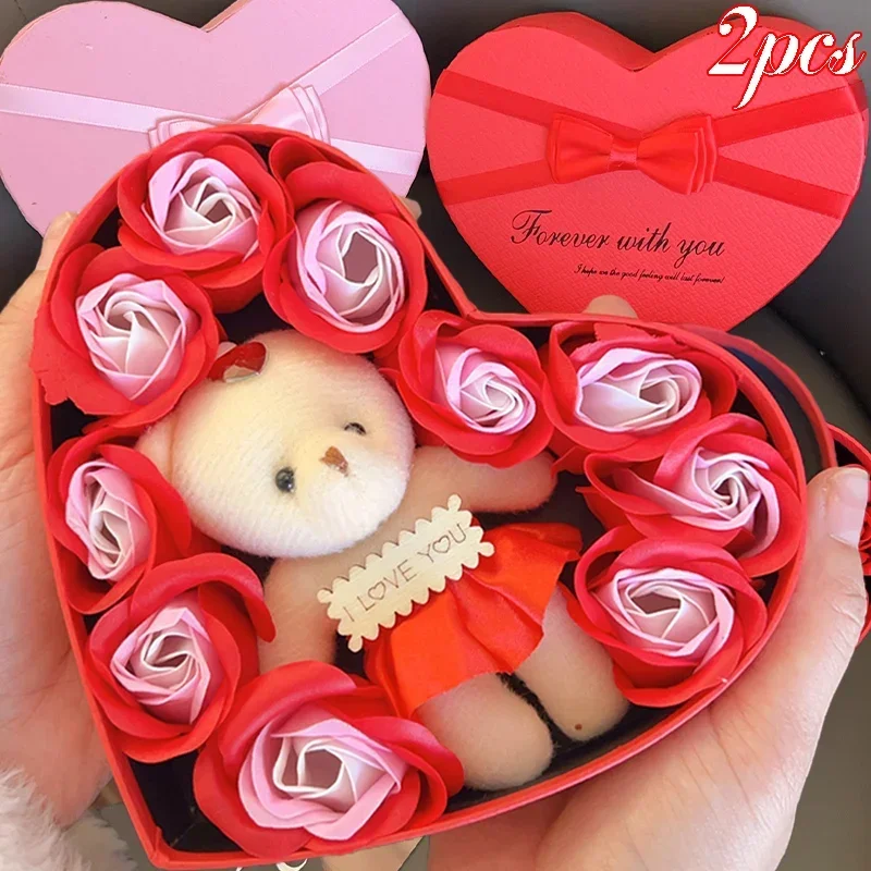 2/1pcs Valentines Day Gift 10 Flowers Soap Flower Gift Rose Box Bears Bouquet Wedding Decoration Festival Heart-shaped Box