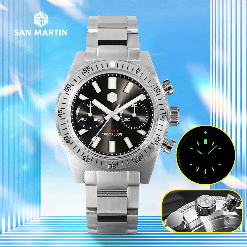 San Martin 62Mas Cronografo Orologio Da Uomo Di Lusso 40Mm St1901 Manuale Meccanico Zaffiro 10Bar Orologi Vintage Luminosi