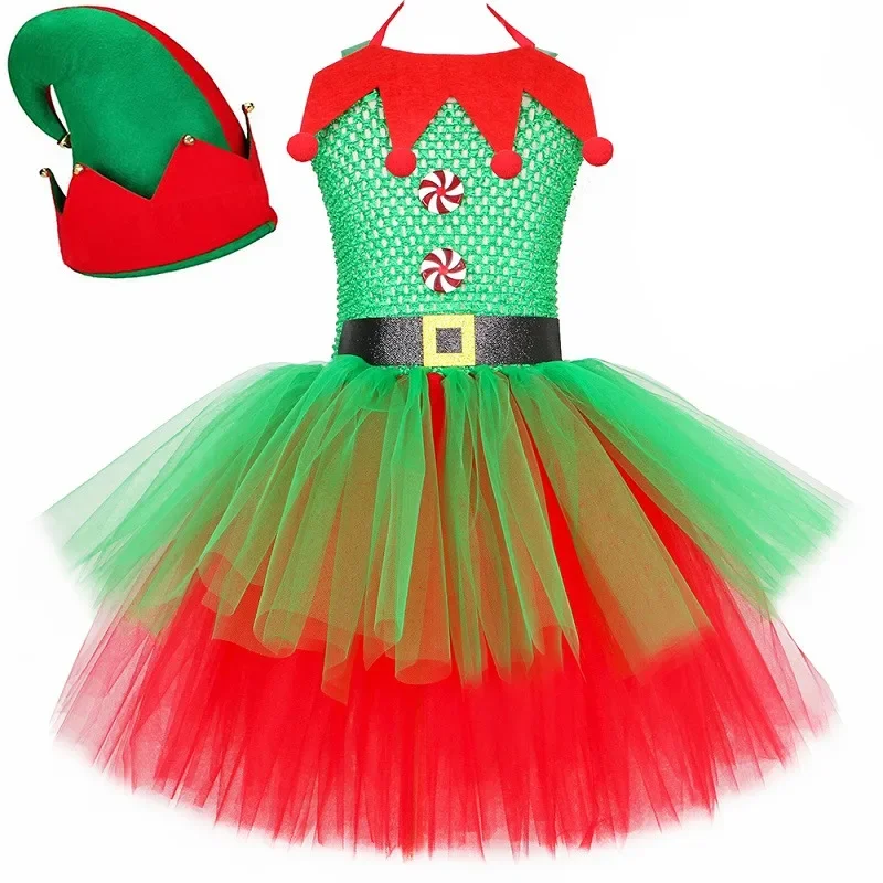 thumbnail image 1 of Disfraz de elfo navideño para niñas, conjunto de ropa navideña elegante para niños, vestido de tul con tutú de malla verde y rojo para fiesta de Navidad para niños, con gorro y calcetines, 1 of 5