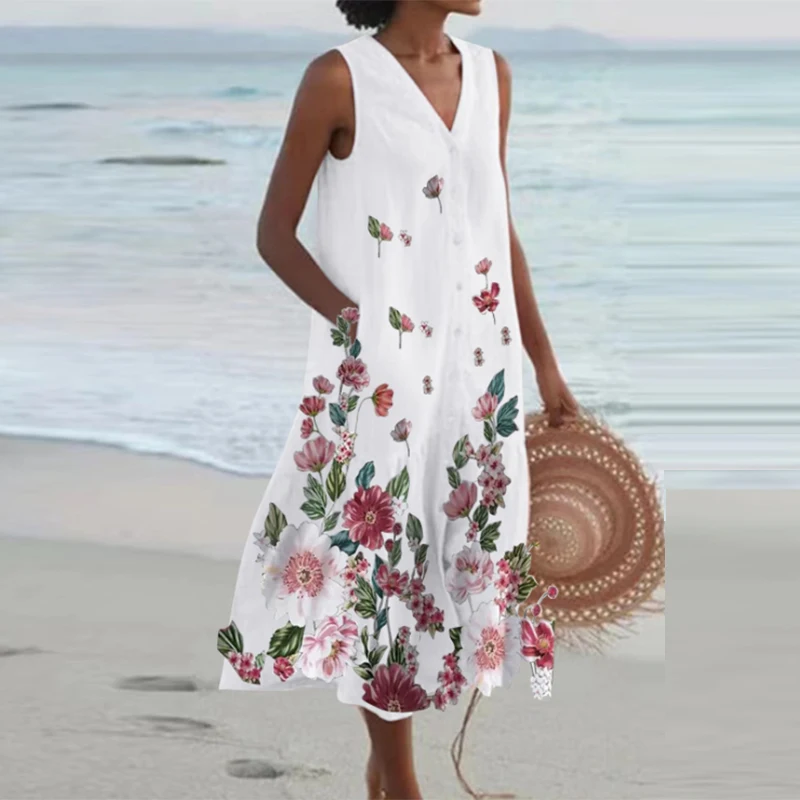 

Printed Loose Pocket Shirt Long Dress Fashion Office Lady Boho Beach Dress Summer Sleeveless V-neck Single Breasted Tank Dress
