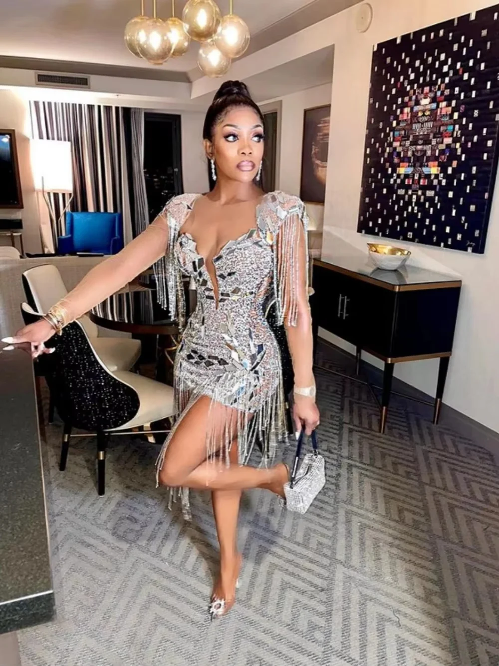 Short Golden Prom Dresses Luxury Black Girls Beaded Crystal with Tassel Birthday Cocktail Party Gowns Homecoming Customized women prom dresses