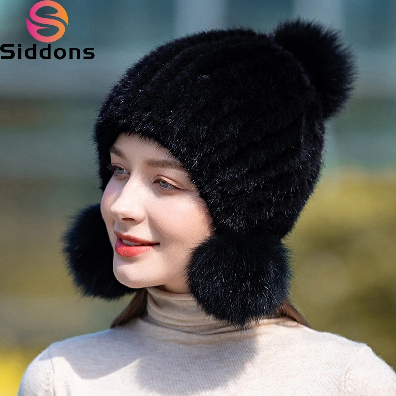Winter Real Mink Fur Hat For Women Knitted Mink Fur Ear Warm Cap The Spiral Beanies Cap With Fox Pompom On The Top beanie hats fur hats