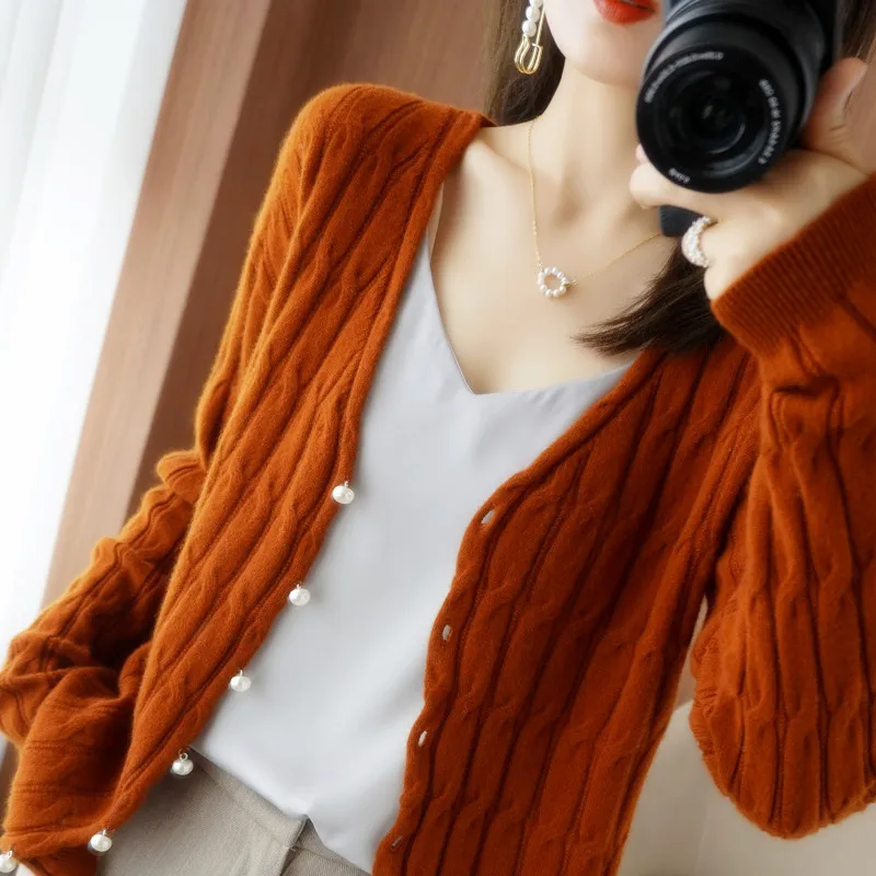 2021 New Pure Cashmere Knit Cardigan Fashion Thick Loose Sweater Winter Women's 100%Wool V-Neck Large Size Jacket High-End Coat