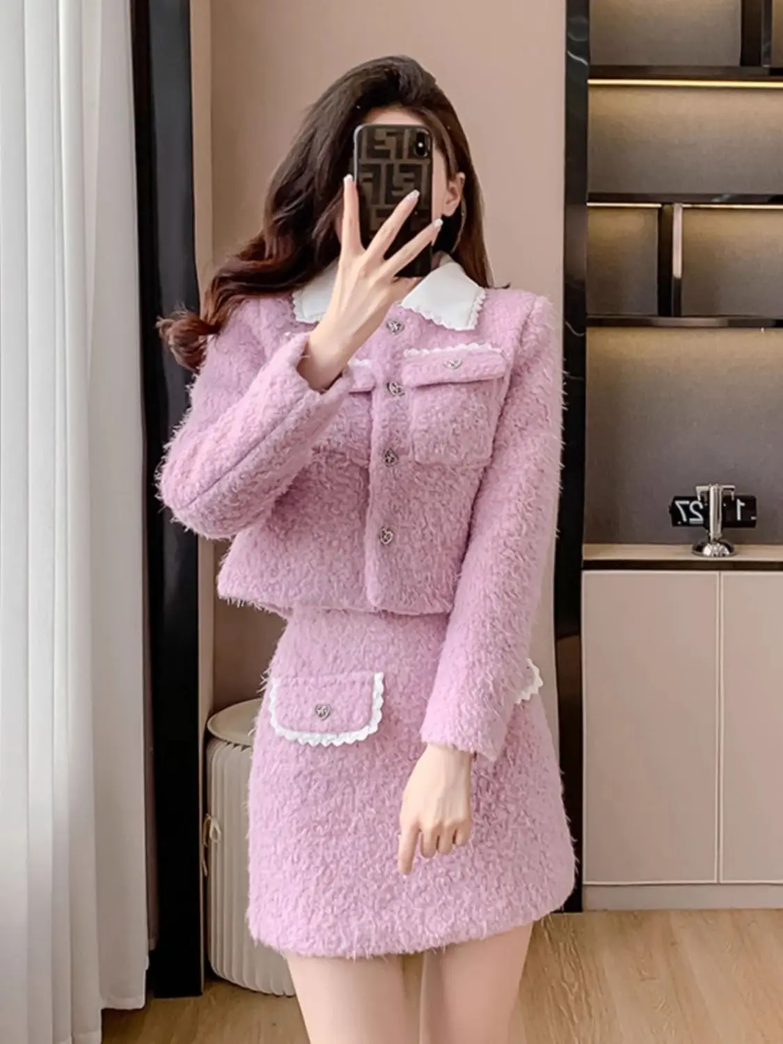 

UNXX Chic Tweed Two Piece Dress Winter 2023 New Elegant High Waist Skirt and Coat Set French Style High Quality Office Lady Suit