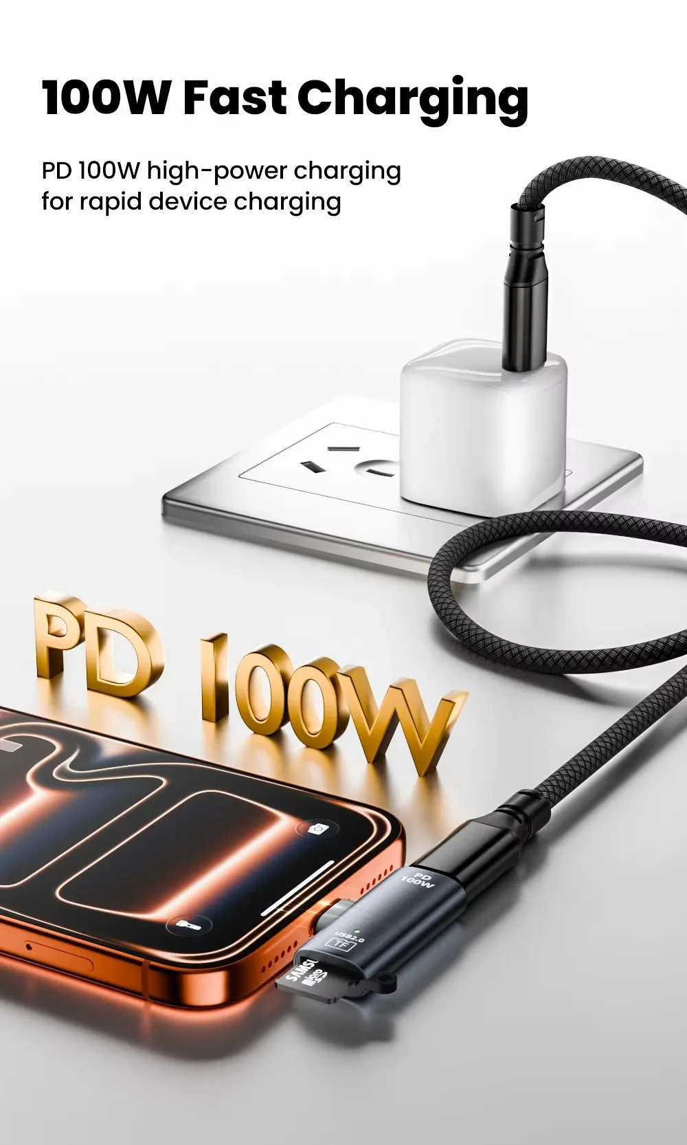 High-Speed TF Card to Type-C Reader with 100W Power Delivery and 2TB Support
