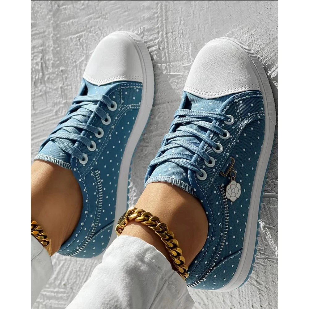 Women Polka Dot Print Round Toe Canvas Sneakers Autumn Women Casual Daily Lace-up Flats Shoes Korean Style Spring Autumn