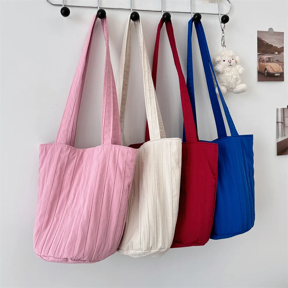 Portable Faionable Women's Buet Bag Striped Foldable Single Oulder Handbag Op Bag Soft Polyester Casual Trend Ladies Hand Bags
