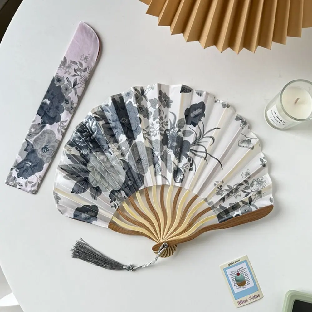 Retro Bamboo Wood Silk Flower Folding Hand Fan - Decorative Dance and Wedding Prop