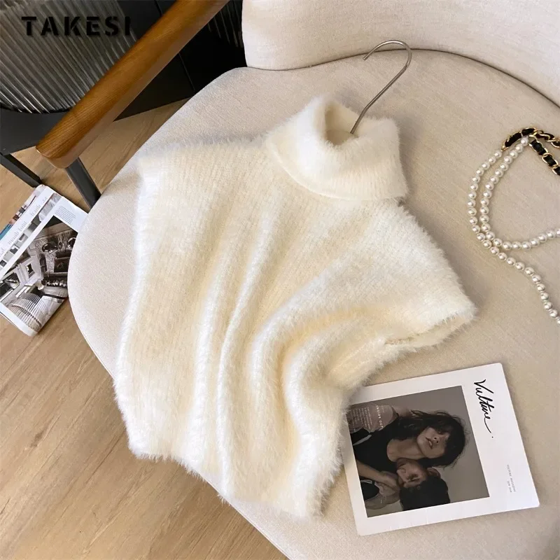 

2023 Winter Elegant Knitting Sleeveless Casual Turtleneck Sweater Vest For Women Basics Solid Color Warm Knitwear Loose Jumpers
