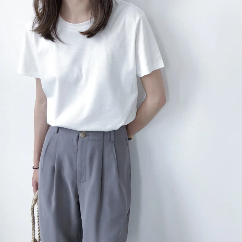 

2021 summer new round neck simple short-sleeved t-shirt women's white pure cotton half-sleeved top loose solid color