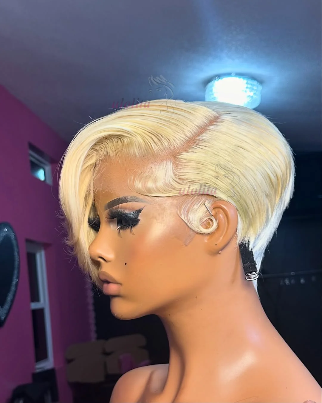 Straight Short Pixie Cut Wig with Bangs Shaved Sides And Sideburns Full Lace Wig Remy Brazilian Hair For Men Honey Blonde 613
