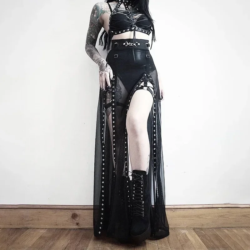 Goth Midi Skirts Punk Mall Gothic Mesh High Split Grunge Sexy High Waist Black Women Night Long Skirt See Through Partywear 5