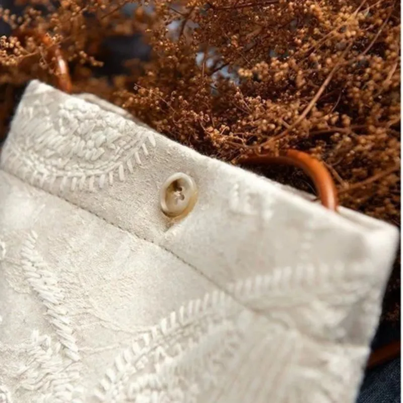 Beige Jacquard Embroidery Handbag Women Vertical Lightweight Mini Shoulder Bucket Bag Ladies Retro Casual Crossbody Bags Purse