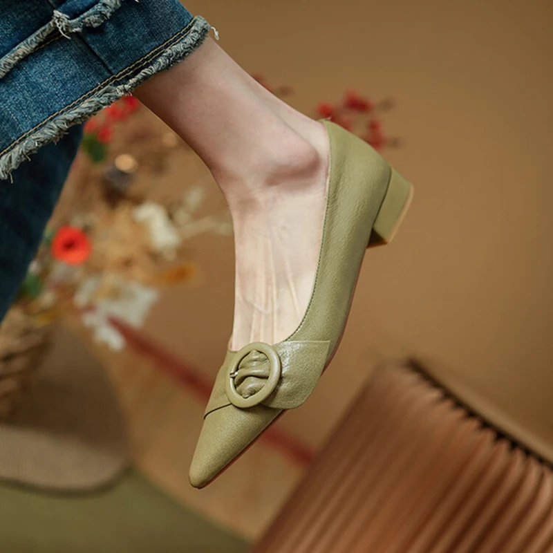 

NEW Autumn/Spring Women Pumps Genuine Leather Shoes for Women Pointed Toe Low Heel Women Shoes Soft Retro Buckle Female Shoes
