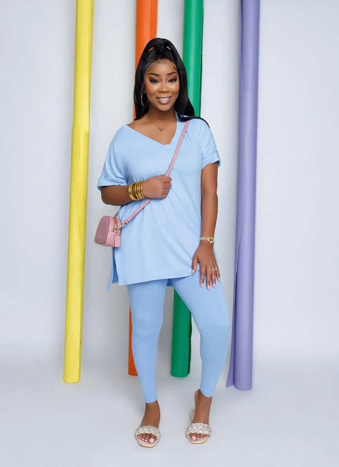 Solid V Neck Casual Loose Long Pant Set 2024 Summer 2 Two Pcs Sets Casual Tracksuits Street Outfits -- Color : Ivory - Size : XL