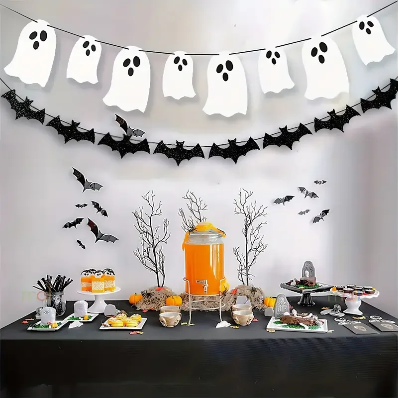 Horror Theme Halloween Decor Set: Pumpkin Witch Bat Skull Banner Garland Flags for Home Hanging and Party Decorations