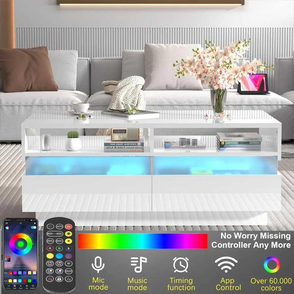 Coffee Table, Modern High Glossy LED Coffees Tables W/ 2 Storage Drawers, Coffee Table 4