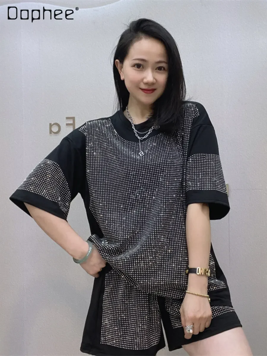 

2023 Spring and Summer New Pullover Top Shorts Set Women's Full Diamond Black Casual Loose Short Sleeves T-shirt Two-Piece Set
