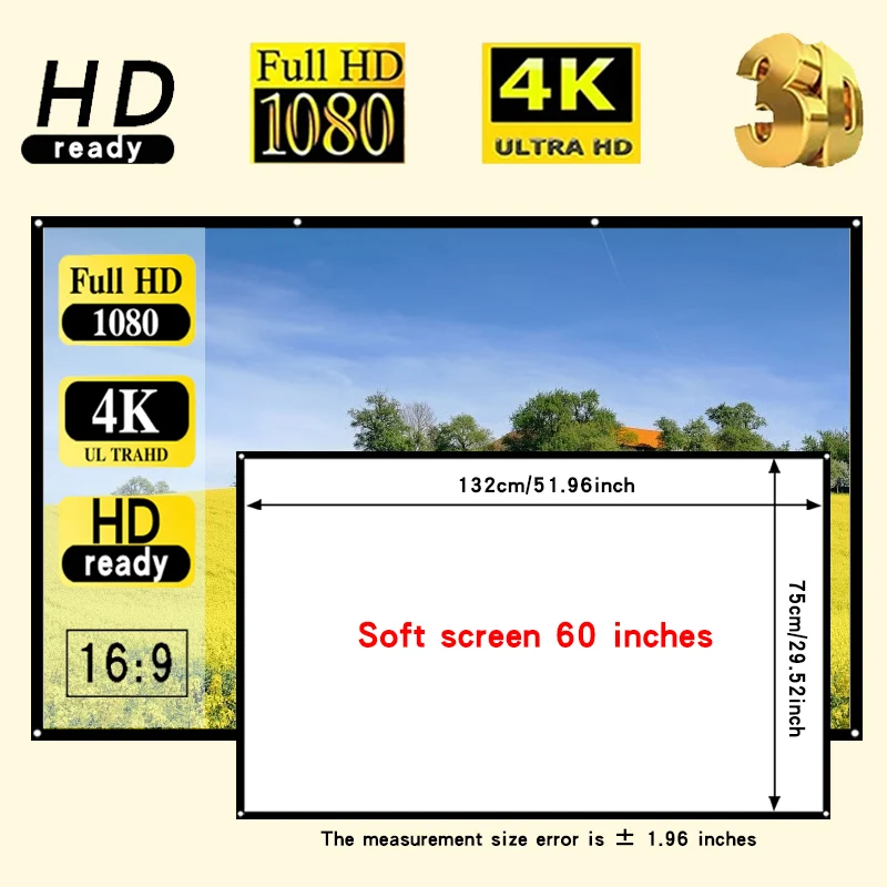 60/72/84/100/120/150 inç 16:9 HD projeksiyon ekranı, delik gerektirmez, katlanabilir, yıkanabilir, taşınabilir.