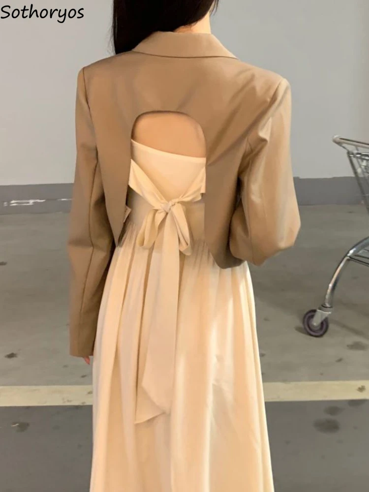 

Backless Blazer Dress Sets Women Autumn Design Elegant Temperament Fashion Simple Tender Lace-up Hotsweet Leisure Cozy Ladies