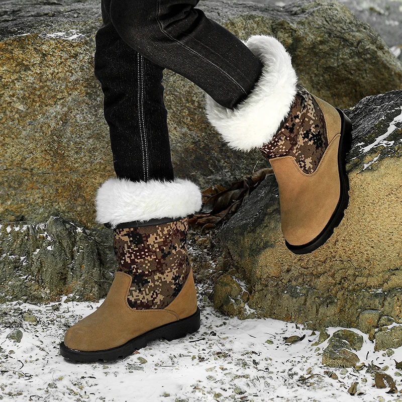 STRONGSHEN Men Boots Winter Women Suede Waterproof Warm Snow Boots Thick Plush Retro Couple Slip-Resistant Cotton Shoe Plus Size