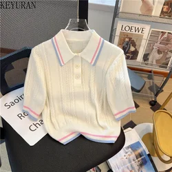 Polo Collar White Pullover Sweater Women Knitted T-Shirt Spring Summer 2023 Loose Casual Short Sleeve Knitwear Tops Woman Tees