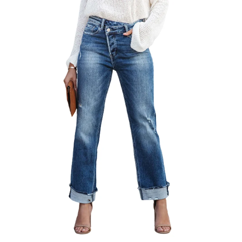 Women Mid Waist Slant Button Splicing Straight Jeans New Fashion Broken Holes Denim Pants Female Urban Casual Commuter Trousers