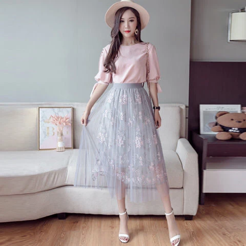 Woman Skirts 2021 Shopping  style Fashion Elastic Waist Embroidery Floral Mesh Skirt Long Gauze Ball Gown Gray Girl Student satin skirt